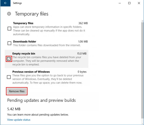 Chọn hộp kiểm Empty recycle bin và sau đó chọn nút Remove files để xóa vĩnh viễn