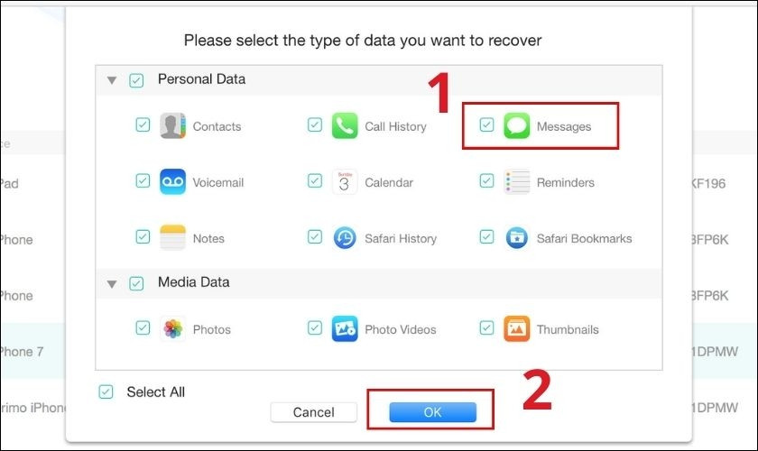 Chọn loại dữ liệu cần khôi phục, ví dụ tin nhắn, trong giao diện PhoneRescue