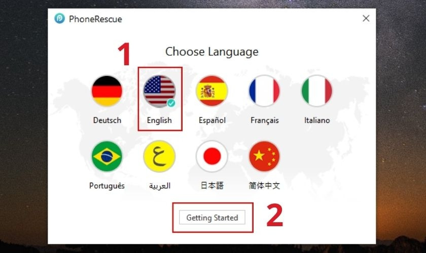 Chọn ngôn ngữ và khởi động PhoneRescue để truy cập các tính năng khôi phục tin nhắn
