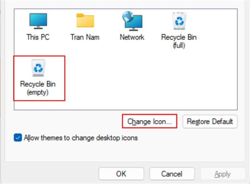 Chọn Recycle Bin (empty) để thay đổi thùng rác icon