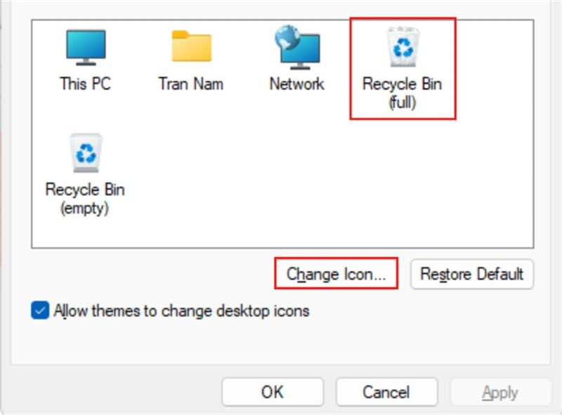 Chọn Recycle Bin (Full) và nhấp Change Icon