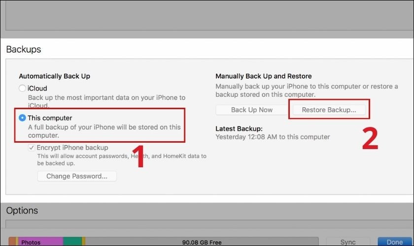 Chọn "This Computer" và "Restore Backup" trong iTunes để khôi phục dữ liệu từ máy tính