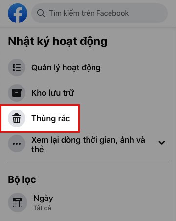 Chọn Thùng rác từ Nhật ký hoạt động trên Facebook máy tính