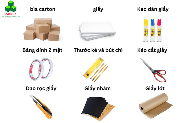 Chuẩn bị đầy đủ nguyên vật liệu để làm thùng rác bằng bìa carton thủ công