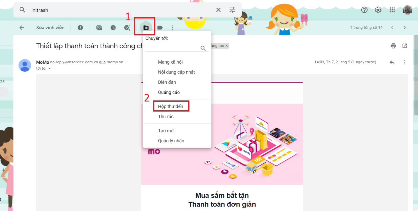 Chuyển email từ thùng rác về Hộp thư đến