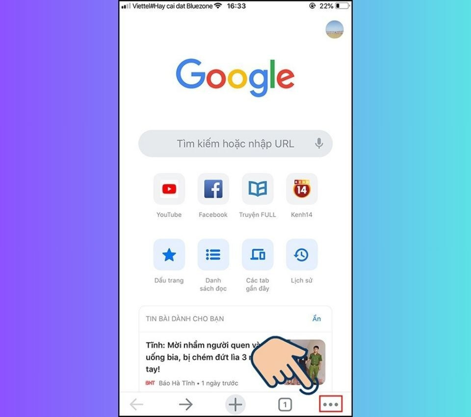 Click vào biểu tượng dấu ba chấm ở góc dưới bên phải màn hình trên Chrome iOS để truy cập menu