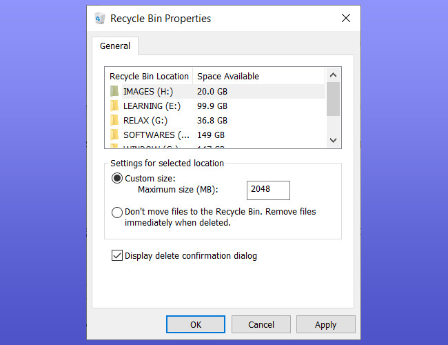 Cửa sổ cài đặt dung lượng tùy chỉnh cho thùng rác máy tính trên hệ điều hành Windows