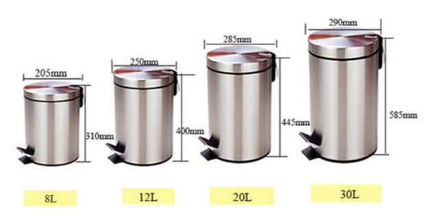 Đa dạng kích thước thùng rác inox đạp chân, bao gồm cả thùng rác inox 12l