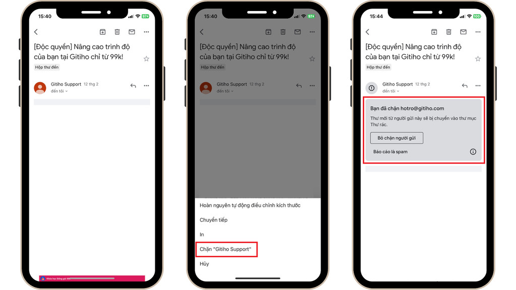 Điện thoại hiển thị giao diện Gmail với tùy chọn "Chặn [tên địa chỉ mail]" được chọn từ menu ba chấm.