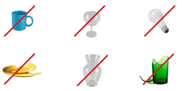 Đồ gốm sứ, ly uống nước, bóng đèn và kính vỡ không phải là rác tái chế thủy tinh thông thường.