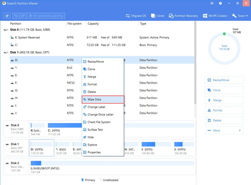Dọn rác win 10 chọn "Wipe Data" trong EaseUS Partition Master
