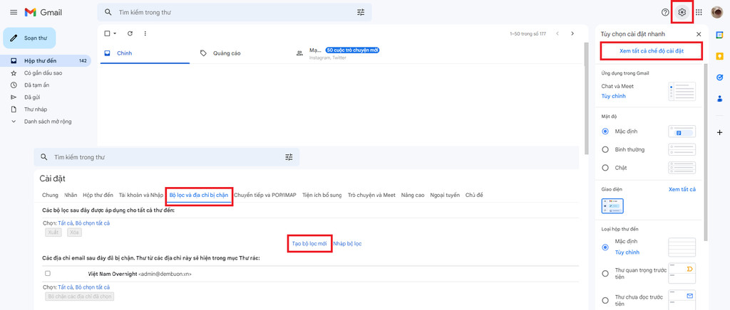Giao diện cài đặt Gmail với tab "Bộ lọc và địa chỉ bị chặn" được chọn và nút "Tạo bộ lọc mới" được khoanh vùng.