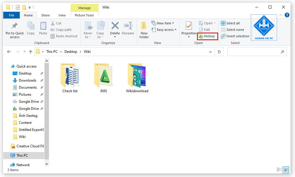 Giao diện File Explorer với tùy chọn History (Lịch sử) trên thanh công cụ, để khôi phục file đã xóa trong Windows 8/10.