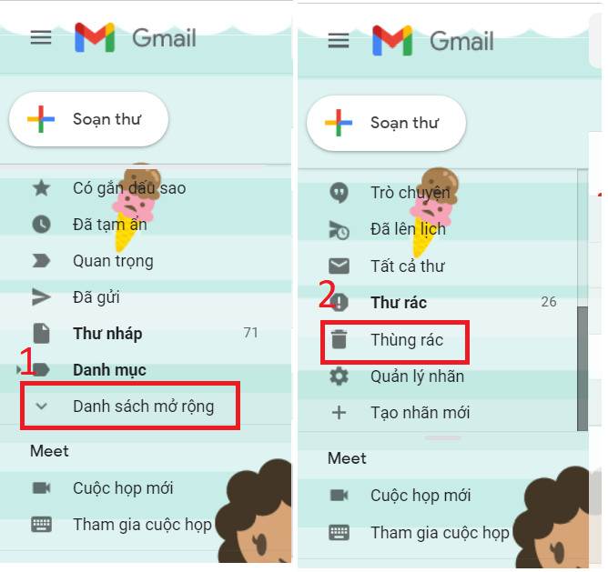 Giao diện Gmail hiển thị mục thùng rác trên thanh menu bên trái, giúp người dùng dễ dàng truy cập và tìm thùng rác Gmail ở đâu.