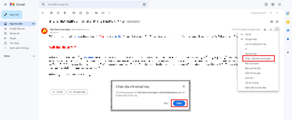 Giao diện Gmail trên máy tính với một email đang mở, biểu tượng ba chấm và tùy chọn "Chặn [tên địa chỉ mail]" được hiển thị.