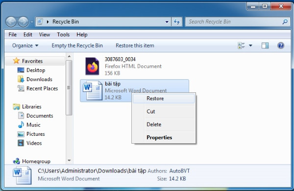 Giao diện khôi phục file từ thùng rác trong máy tính, minh họa quy trình lấy lại dữ liệu đã xóa.