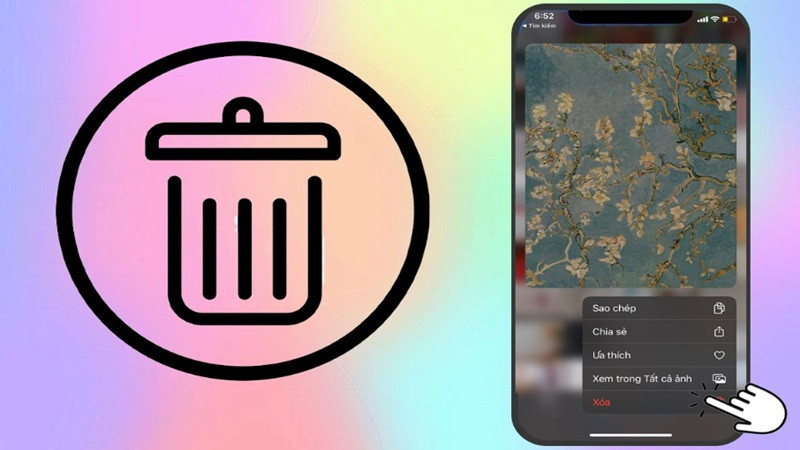 Giao diện màn hình iPhone với các ứng dụng chính, minh họa vị trí của Thùng rác trong từng ứng dụng khác nhau.