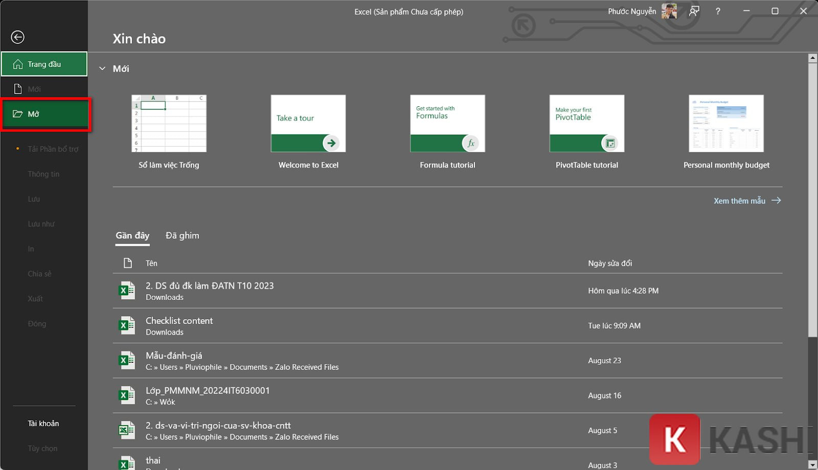 Giao diện "Open" trong Excel, nơi người dùng truy cập các bảng tính, cũng là điểm khởi đầu để áp dụng các cách xóa file rác trong Excel và tối ưu hóa.