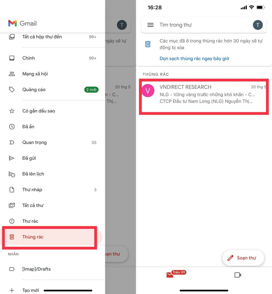 Giao diện thùng rác Gmail trên điện thoại, cho phép người dùng chọn email để khôi phục hoặc xóa vĩnh viễn, hướng dẫn tìm thùng rác Gmail ở đâu.