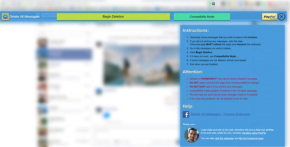 Giao diện tiện ích Facebook - Delete All Messages, hướng dẫn xóa tin rác trên Facebook hàng loạt.