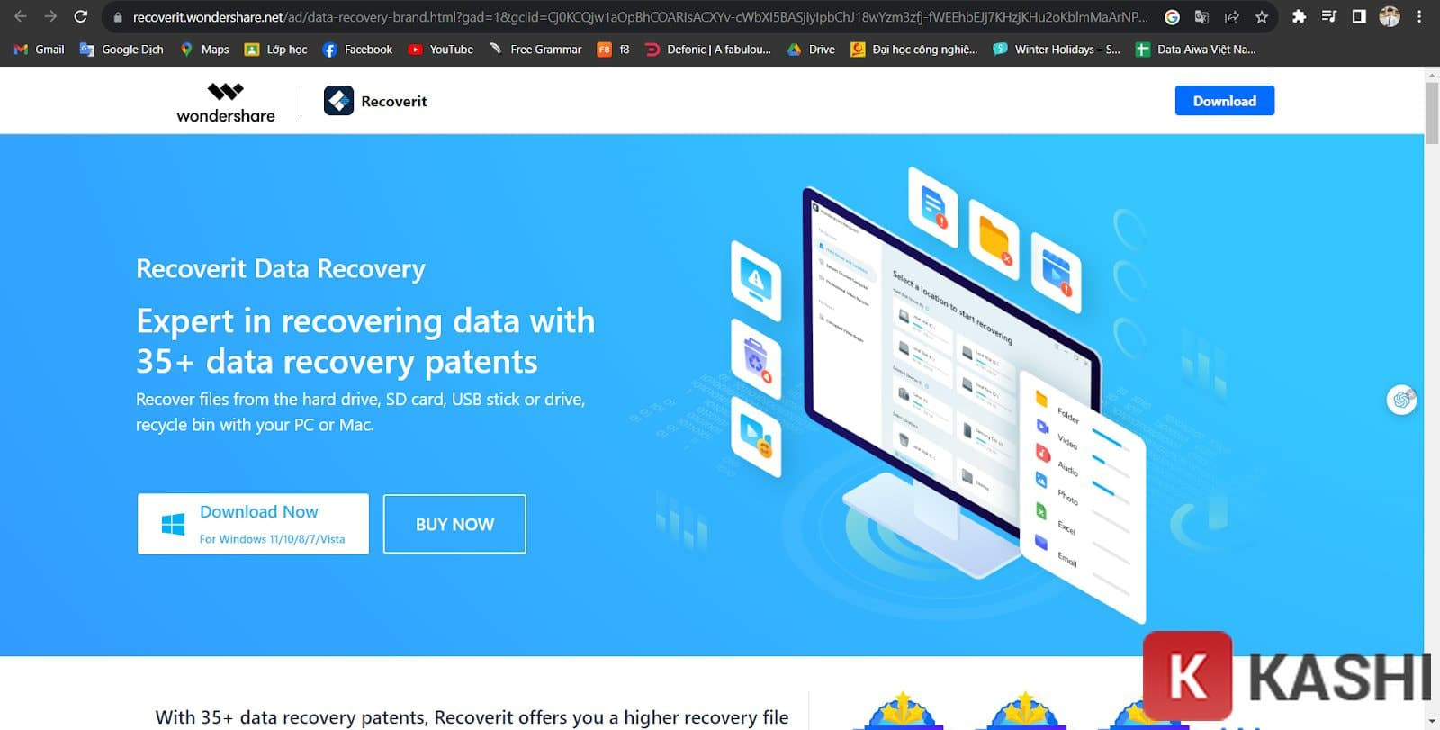 Giao diện trang tải xuống Wondershare Recoverit, một công cụ khôi phục dữ liệu, liên quan đến việc đảm bảo không mất dữ liệu quan trọng khi thực hiện các cách xóa file rác trong Excel.