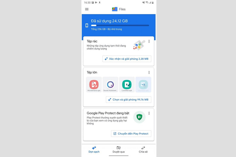 Giao diện ứng dụng Files by Google, hiển thị các tùy chọn để tìm và xóa tệp tin trùng lặp giúp dọn rác điện thoại