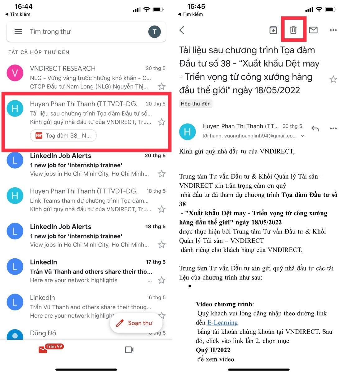 Giao diện ứng dụng Gmail trên điện thoại với biểu tượng thùng rác để xóa nhanh email, giúp người dùng biết thùng rác Gmail ở đâu để khôi phục.