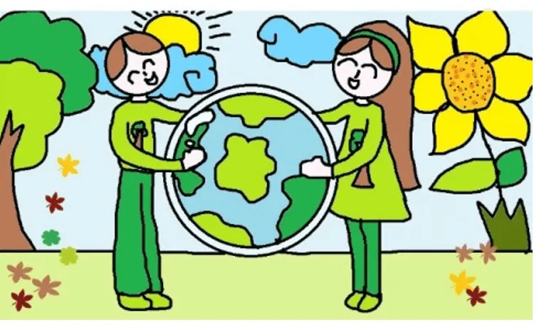Hai em nhỏ ôm Trái Đất xanh, minh họa vẽ tranh bảo vệ môi trường lớp 3