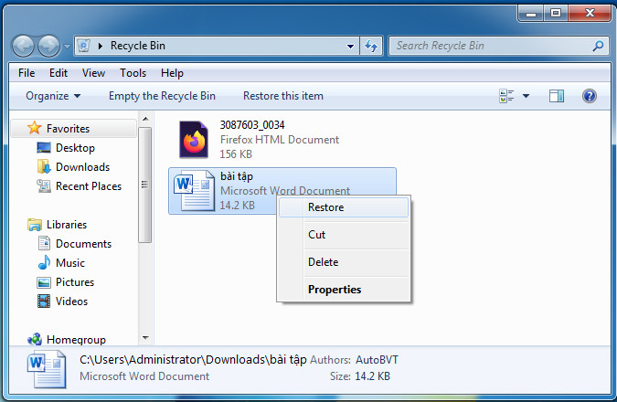 Hình ảnh giao diện thùng rác Recycle Bin trên Windows, minh họa cách khôi phục file đã xóa trong thùng rác một cách đơn giản nhất.