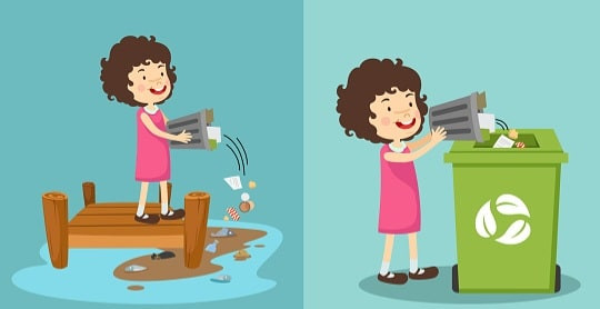 Hình ảnh hai em bé bỏ rác vào thùng, minh họa lời thơ hay không vứt rác ra đường