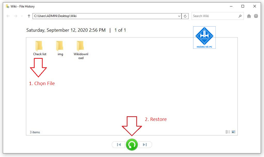 Hình ảnh hiển thị các phiên bản sao lưu tệp trong File History, cung cấp lựa chọn khôi phục file.