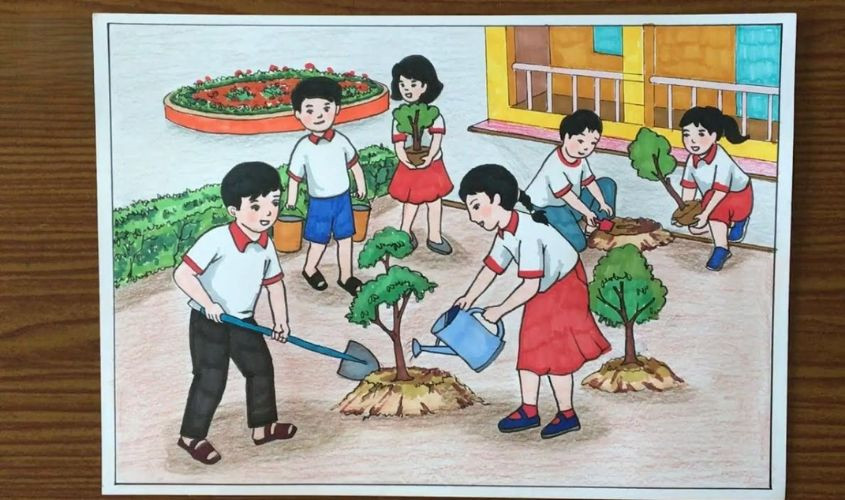 Hình ảnh những đứa trẻ đang chung tay tưới và trồng cây trong một khu vườn, mang thông điệp vẽ bảo vệ môi trường từ hành động nhỏ