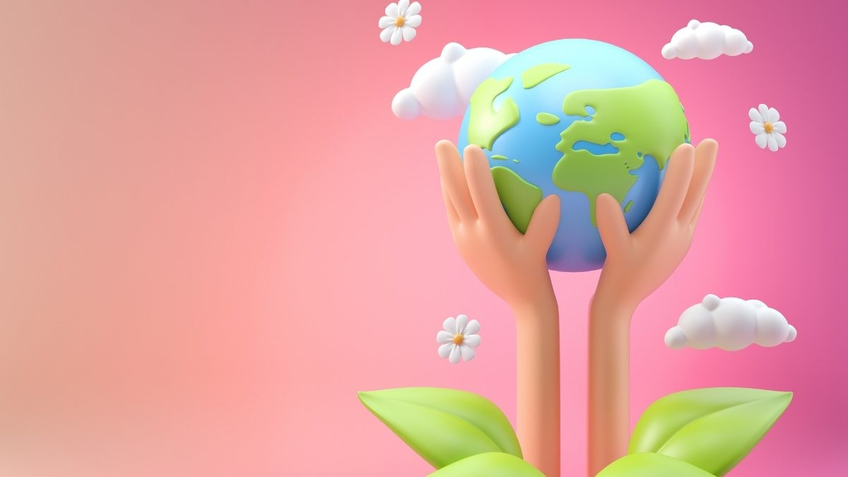 Hình ảnh Trái Đất đang được các bàn tay ôm ấp, thể hiện sự quan tâm và hành động chung của con người vì nền bảo vệ môi trường.