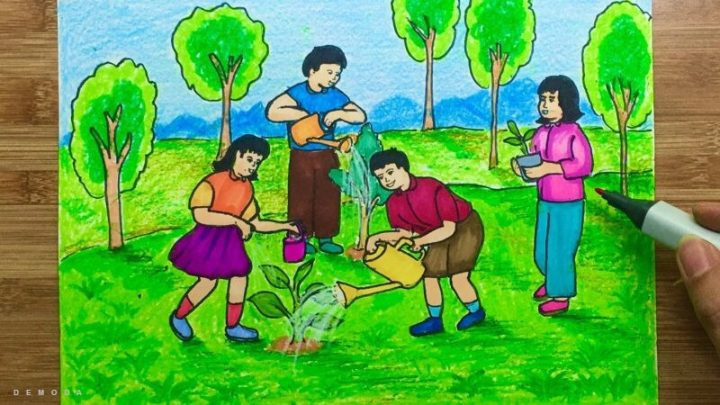 Hình ảnh tranh vẽ rừng bị tàn phá nặng nề, đất đai khô cằn, cảnh báo hậu quả nếu không hành động vẽ tranh trồng cây bảo vệ môi trường.