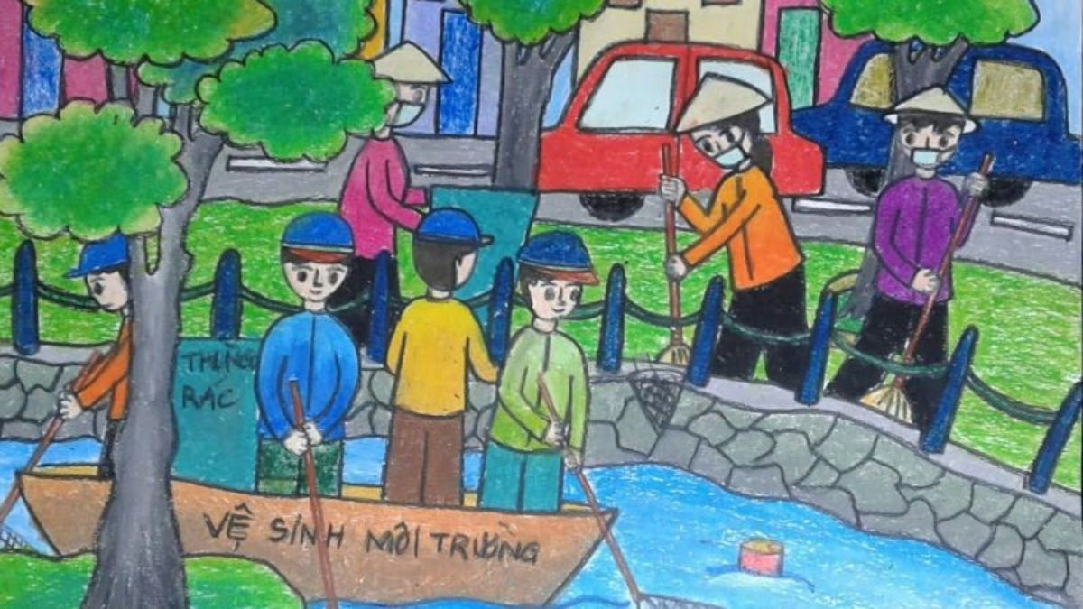 Hình vẽ tuyên truyền ý thức bảo vệ môi trường, thể hiện sự đoàn kết của mọi người