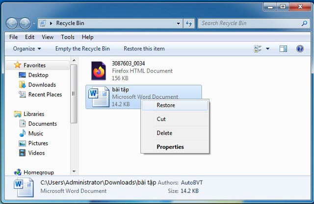 Hoàn thành khôi phục file cùng Recycle Bin