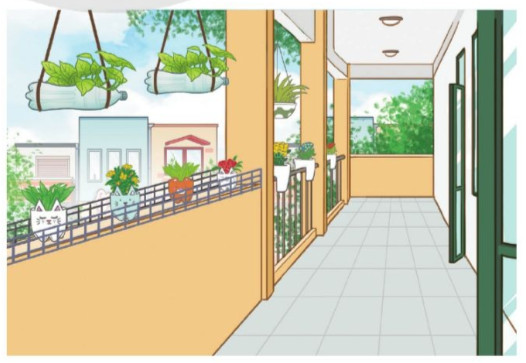 Học sinh trang trí hành lang lớp học bằng chậu cây tái chế, tạo không gian học tập xanh