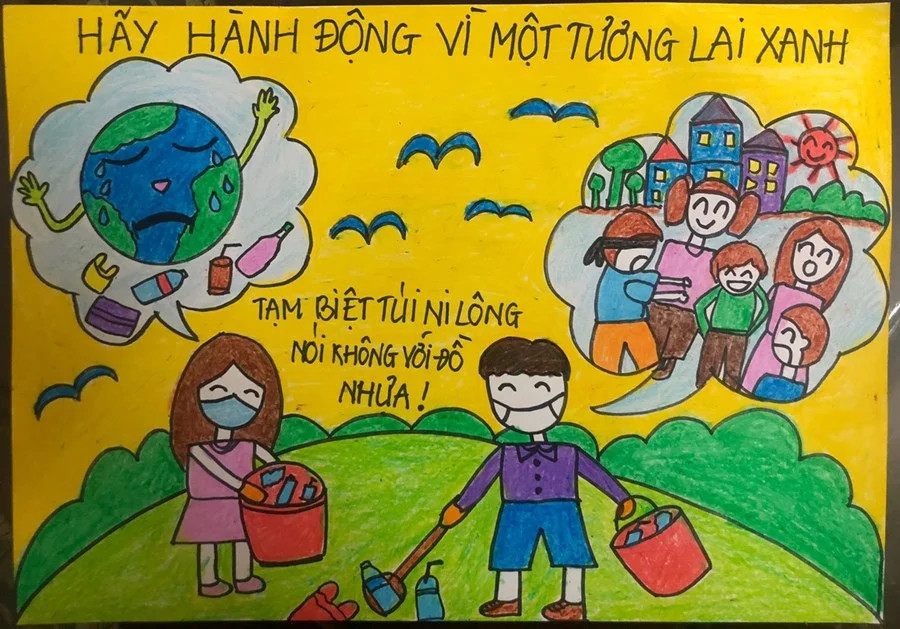 Học sinh trường tiểu học Long Biên, Hà Nội, vẽ tranh về sự cần thiết của việc giảm rác thải nhựa