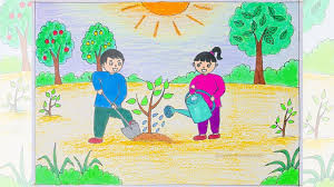 Học sinh và giáo viên đang cùng nhau trồng cây, biểu tượng của sự hợp tác trong công cuộc vẽ bảo vệ môi trường và xây dựng tương lai xanh