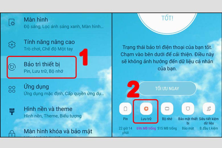 Hướng dẫn dọn rác điện thoại bằng cách chọn Bảo trì thiết bị và Lưu trữ trên điện thoại Android