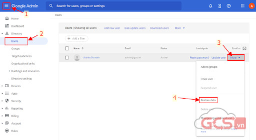 Khôi phục dữ liệu từ thùng rác trên tài khoản cá nhân thông qua bảng điều khiển quản trị Google Workspace