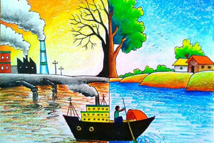 Khung cảnh đối lập: nhà máy ô nhiễm thải chất bẩn ra sông cạnh cảnh sắc yên bình, nhấn mạnh tầm quan trọng của môi trường sạch