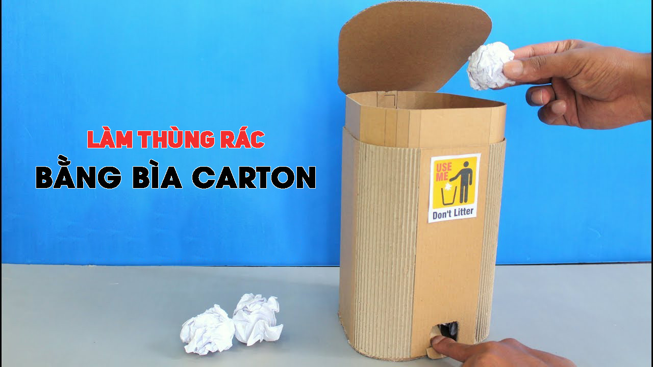 Làm thùng rác bằng bìa carton với các mảnh ghép được cắt sẵn.