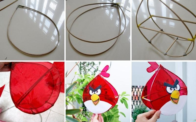 Lồng đèn Angry Bird với khung tre và giấy kính màu tái chế