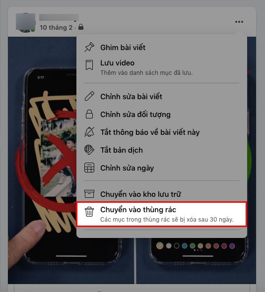 Lựa chọn Chuyển vào thùng rác trên Facebook máy tính