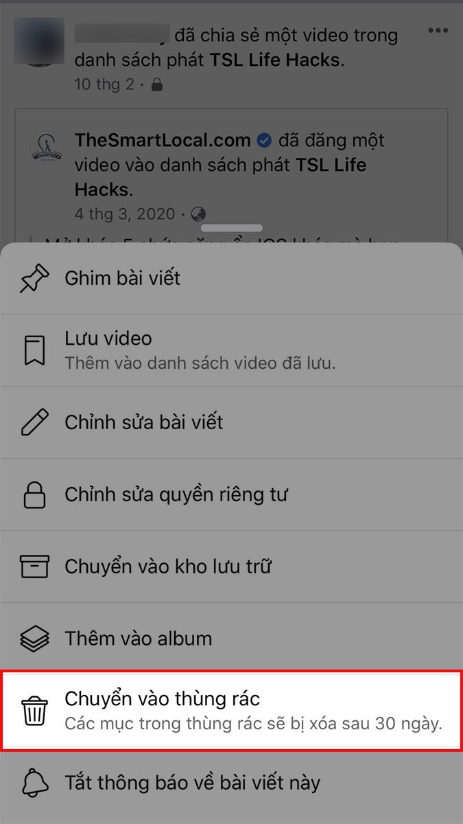 Lựa chọn Chuyển vào thùng rác