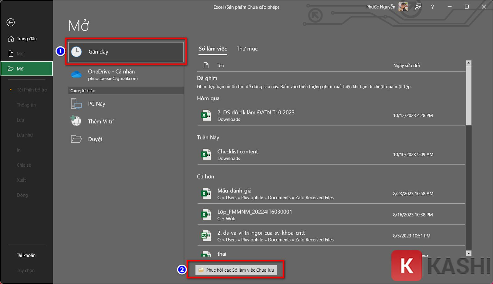 Lựa chọn "Recover Unsaved Workbooks" trong Excel, một tính năng quản lý file, có thể liên quan đến việc xác định và xử lý các bản nháp hoặc "file rác" tạm thời khi tìm kiếm cách xóa file rác trong Excel.