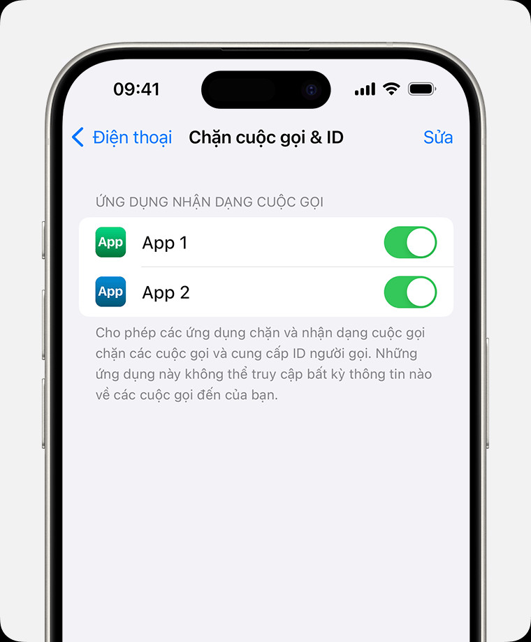 Màn hình cài đặt chặn và nhận dạng cuộc gọi trên iPhone, hiển thị tùy chọn bật ứng dụng lọc cuộc gọi rác của bên thứ ba
