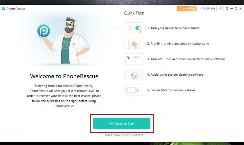 Màn hình chào mừng và sẵn sàng sử dụng PhoneRescue để quét và khôi phục dữ liệu đã xóa từ iPhone