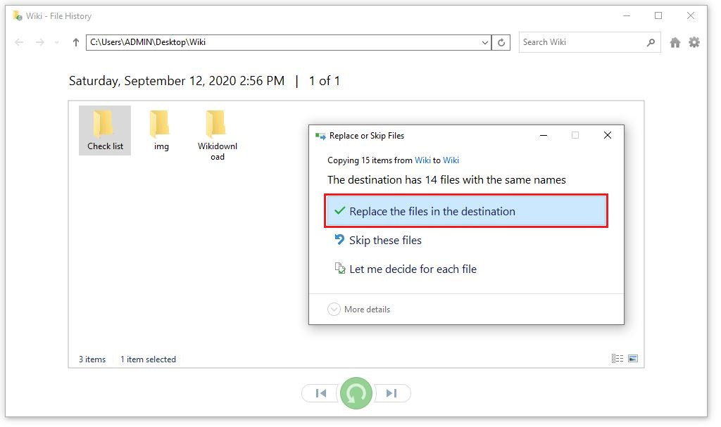 Màn hình lựa chọn file và nút Restore để khôi phục file đã xóa vĩnh viễn trong thùng rác bằng File History.